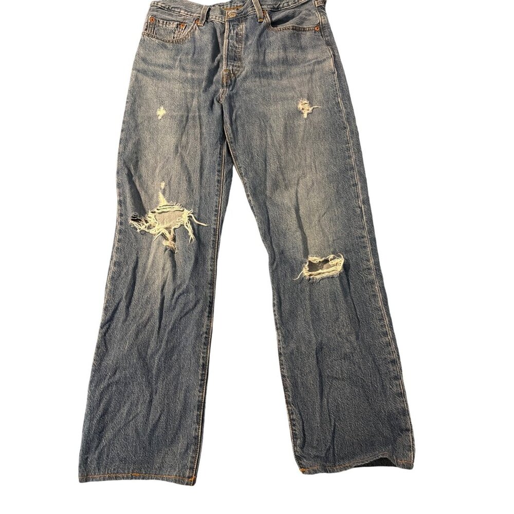 Levis 501 Button Fly Distressed Blue Denim Jeans Holes Cotton Sz 28 Hemmed READ